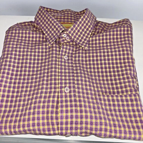 Bugatchi Uomo Long sleeve Purple Yellow Checked Button Up Bright Stripes Large - Picture 1 of 10